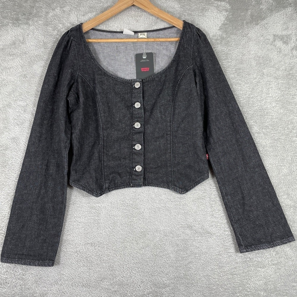 Levis Denim Top Womens Medium Black Corset Style Button Front Slim Fit Cropped
